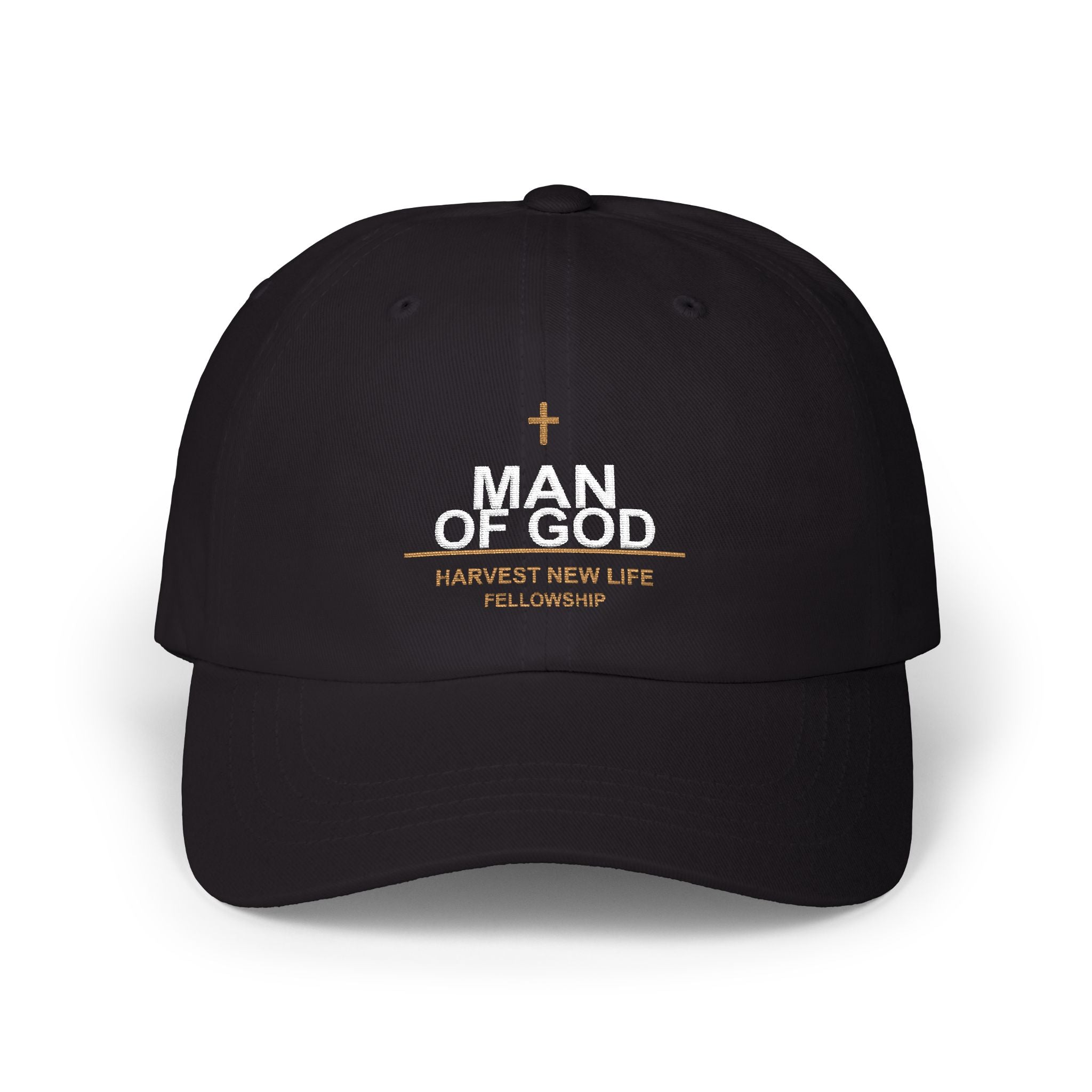 Minimalist 'Made of God' Black Dad Cap - White & Gold Christian Hat