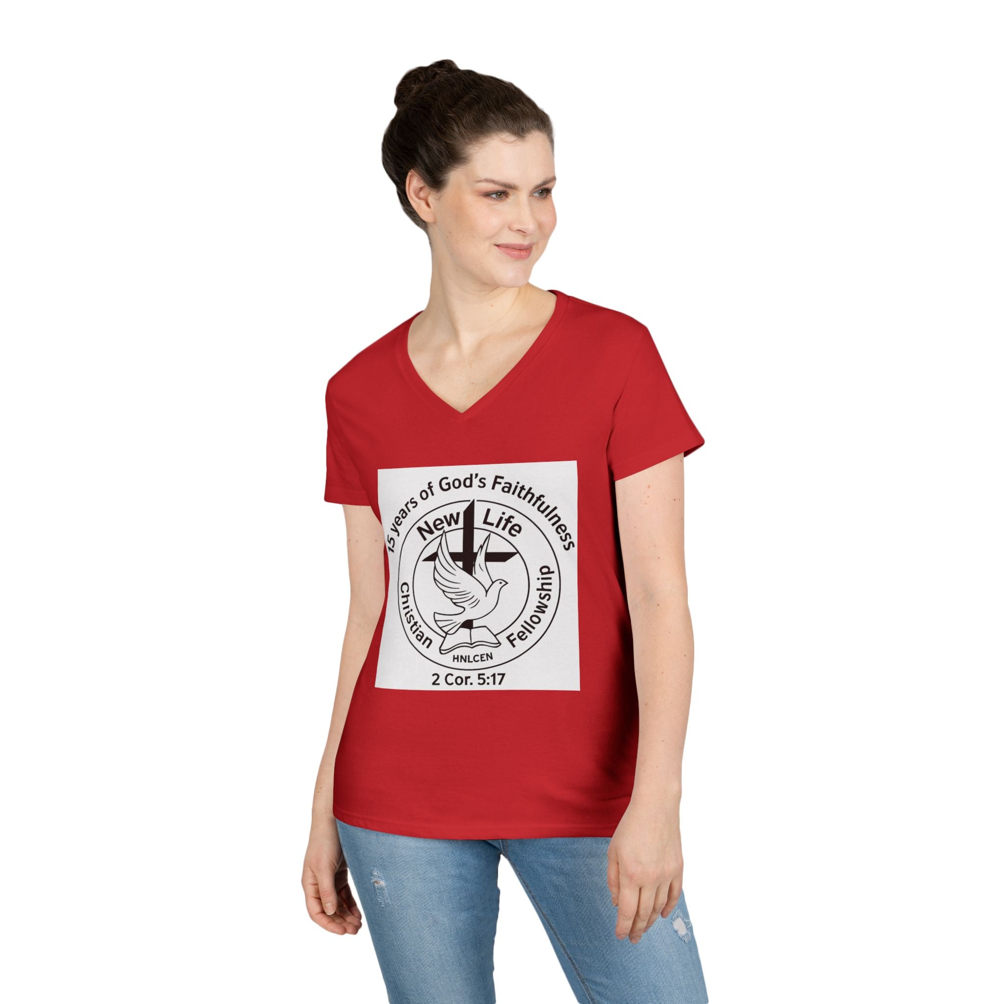 New Life Christian Fellowship 15th Anniversary Ladies' V-Neck T-Shirt — 2 Cor. 5:17