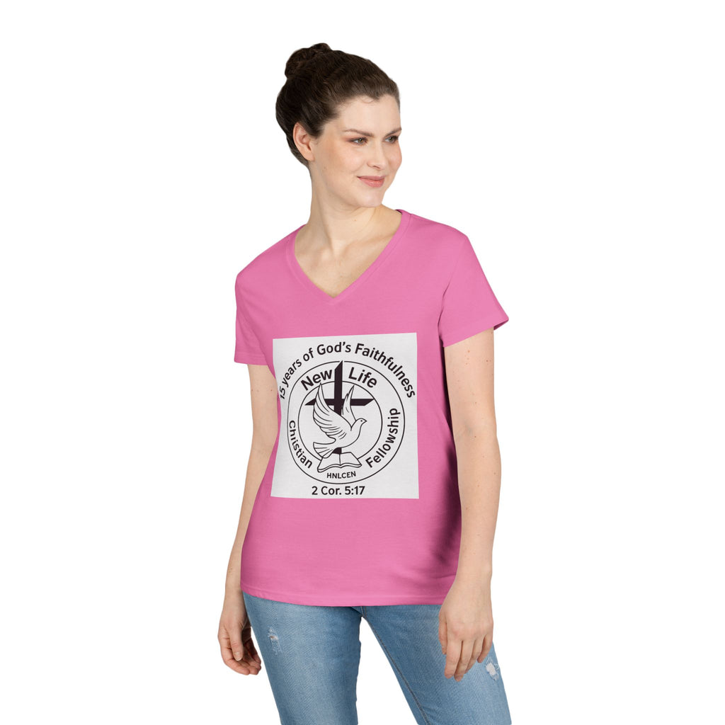 New Life Christian Fellowship 15th Anniversary Ladies' V-Neck T-Shirt — 2 Cor. 5:17