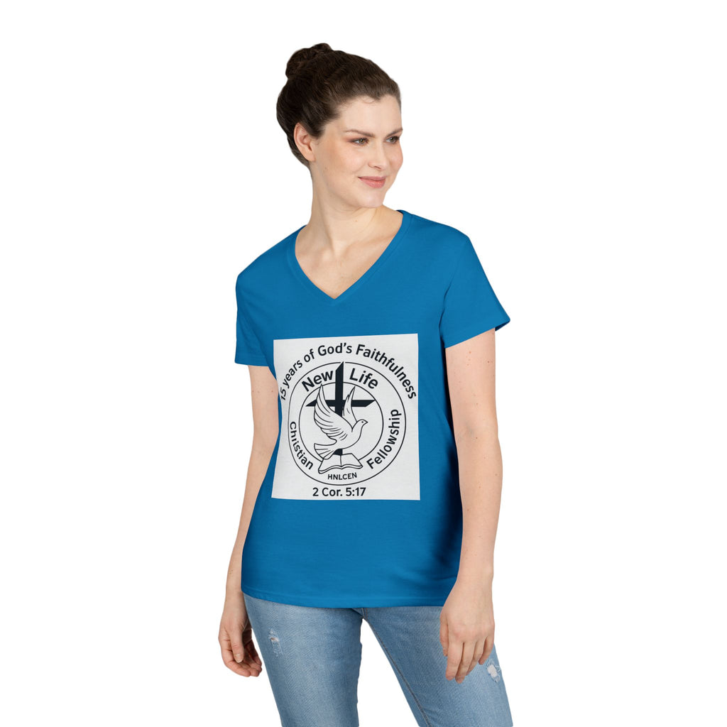 New Life Christian Fellowship 15th Anniversary Ladies' V-Neck T-Shirt — 2 Cor. 5:17