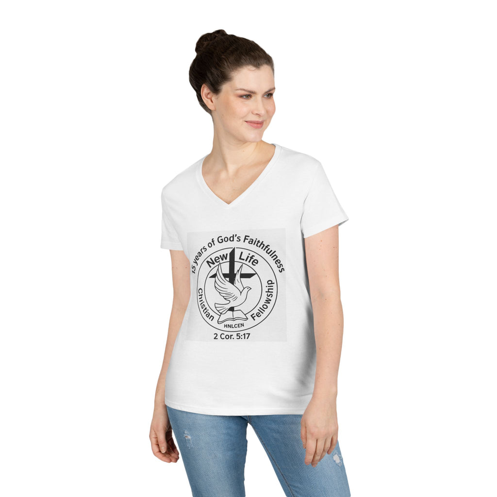 New Life Christian Fellowship 15th Anniversary Ladies' V-Neck T-Shirt — 2 Cor. 5:17