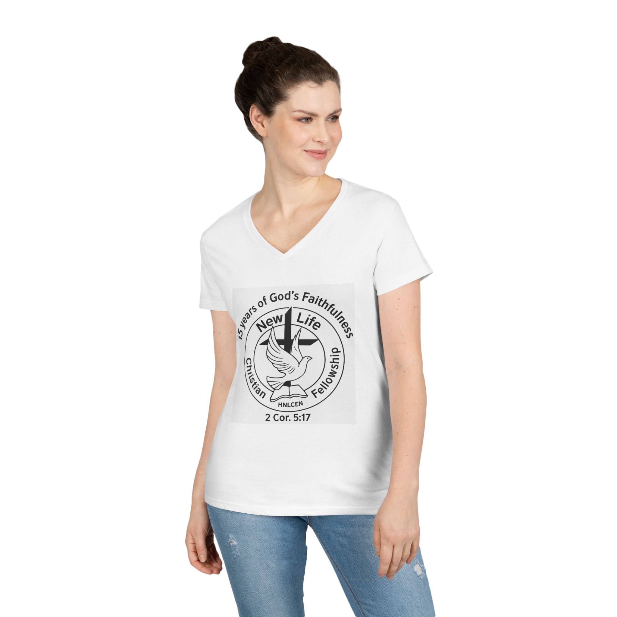 New Life Christian Fellowship 15th Anniversary Ladies' V-Neck T-Shirt — 2 Cor. 5:17
