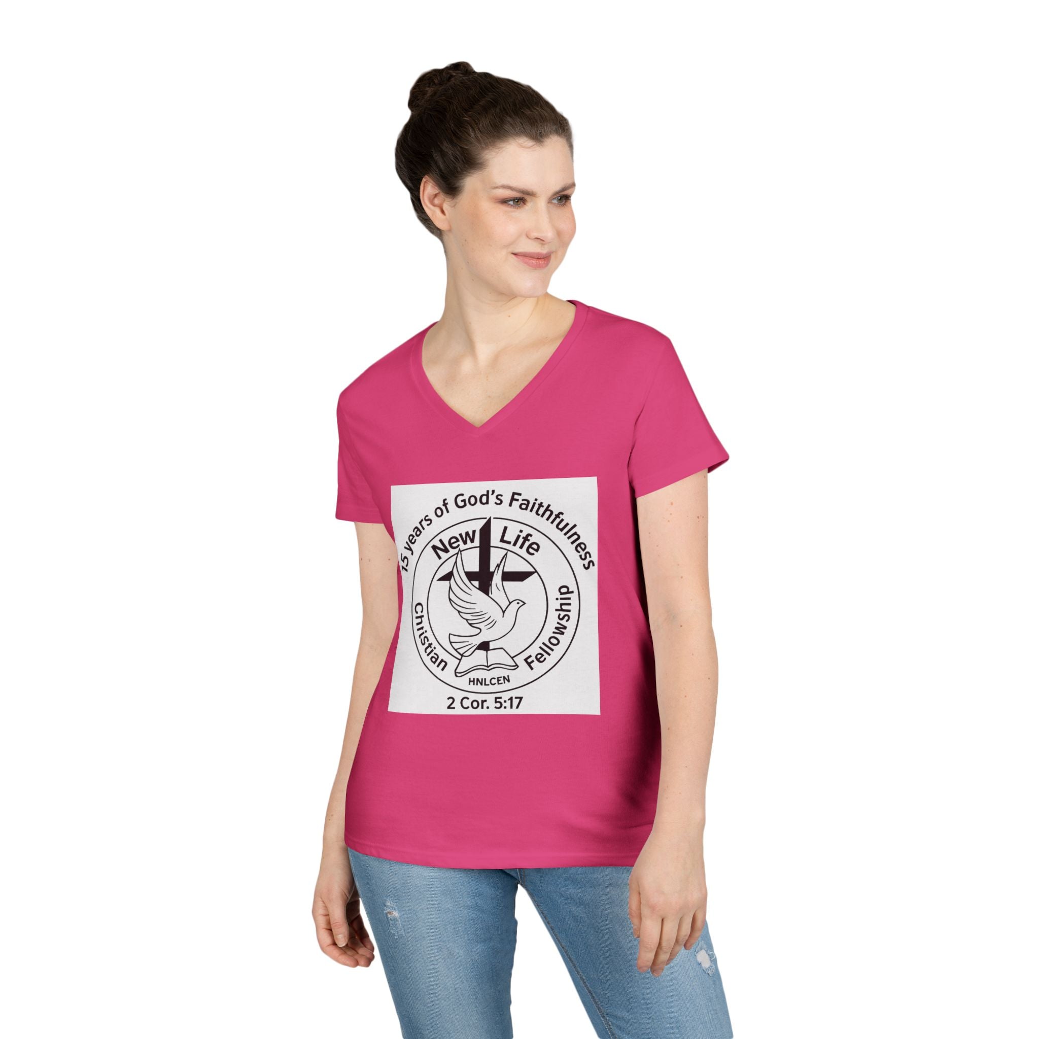 New Life Christian Fellowship 15th Anniversary Ladies' V-Neck T-Shirt — 2 Cor. 5:17