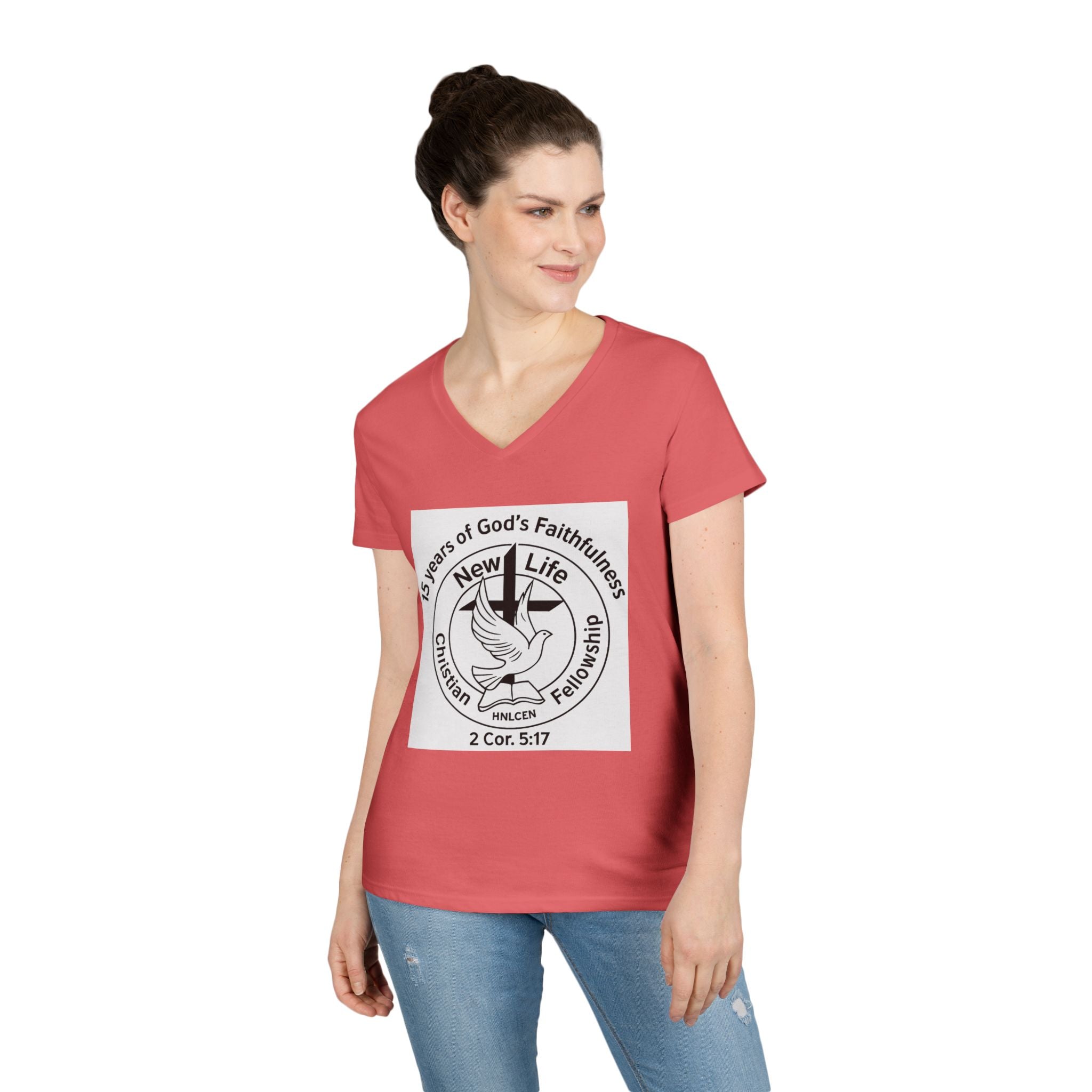 New Life Christian Fellowship 15th Anniversary Ladies' V-Neck T-Shirt — 2 Cor. 5:17