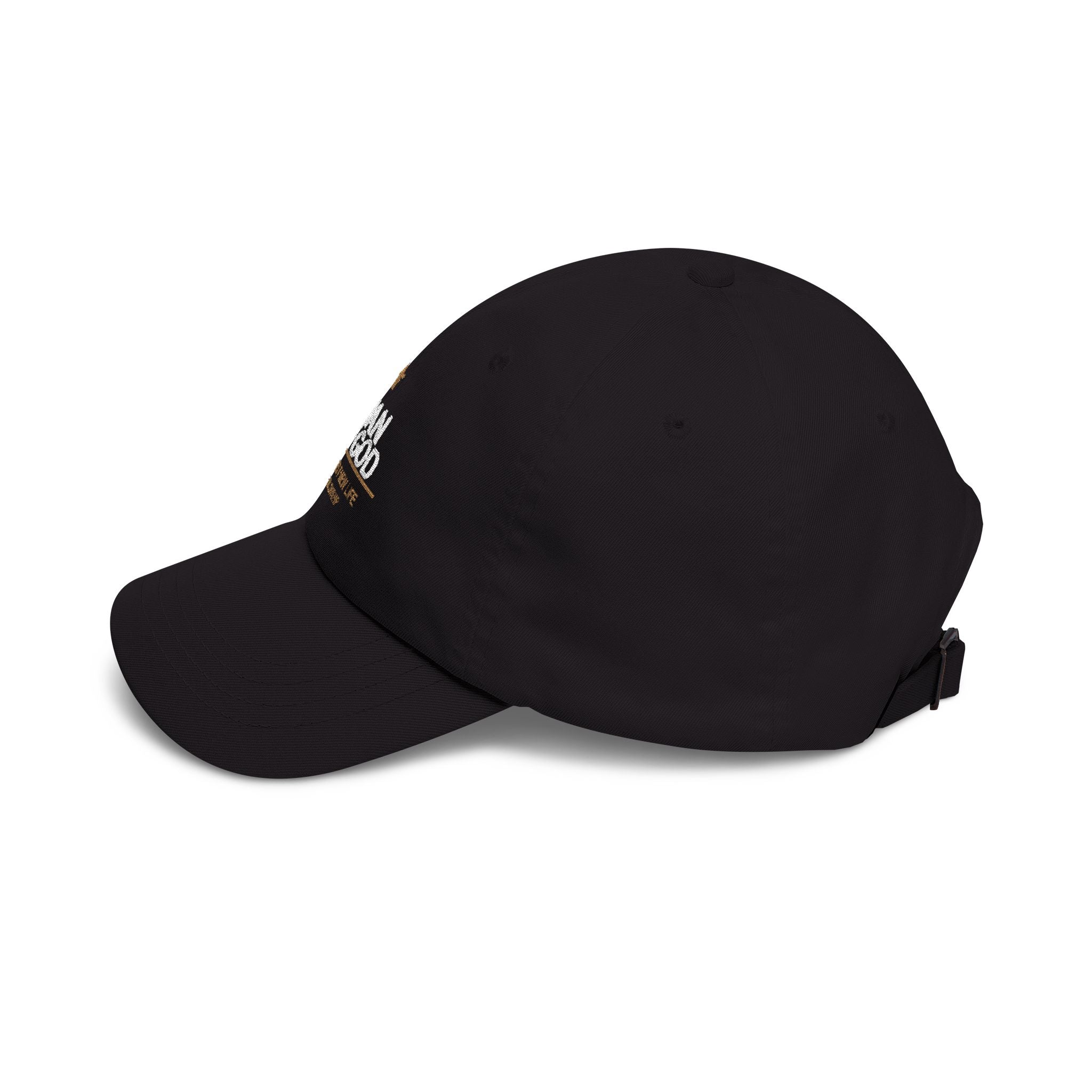 Minimalist 'Made of God' Black Dad Cap - White & Gold Christian Hat