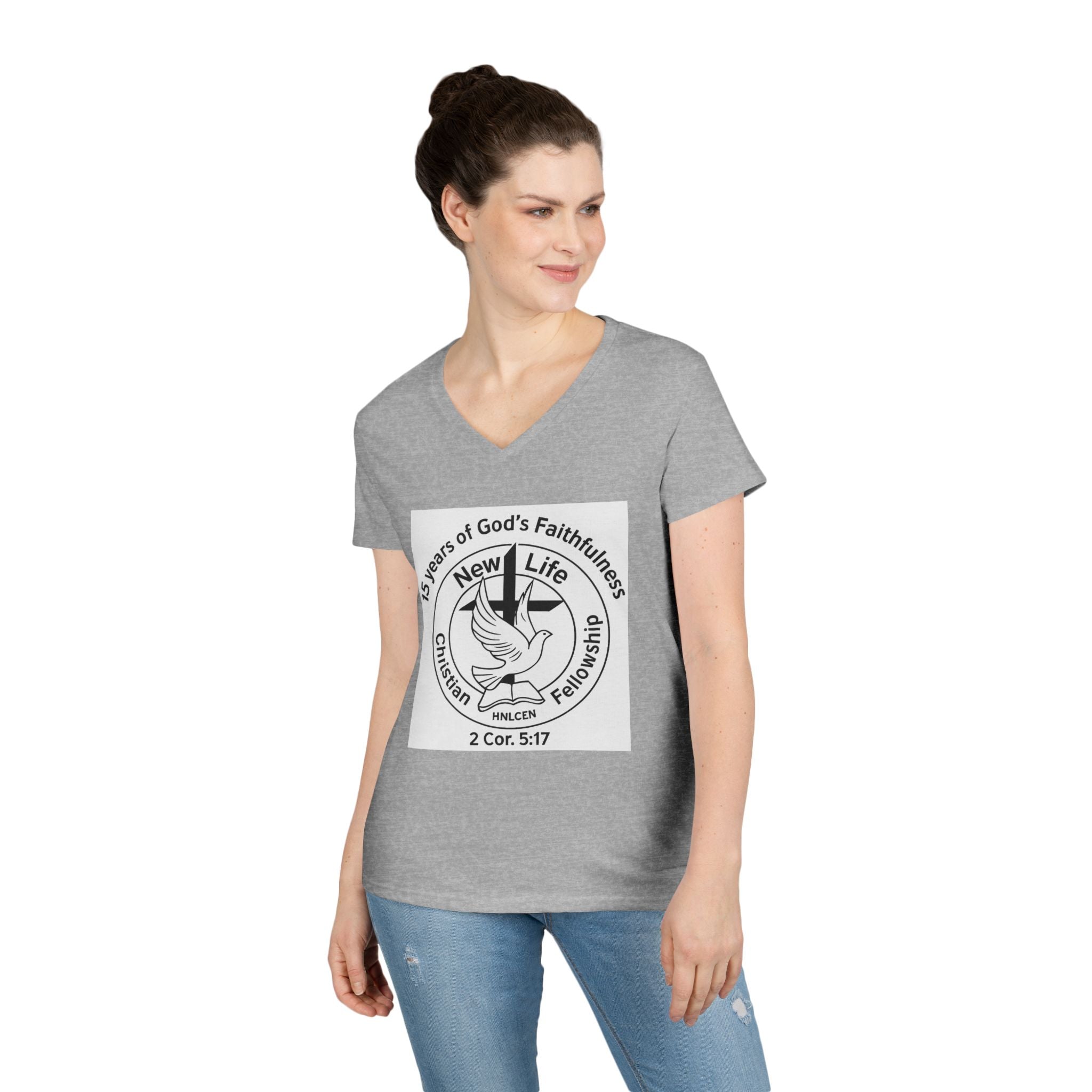 New Life Christian Fellowship 15th Anniversary Ladies' V-Neck T-Shirt — 2 Cor. 5:17